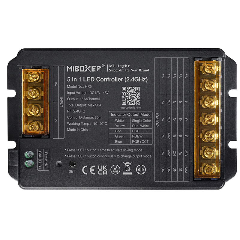 HR5 5-in-1 Group Control (zóna) vezérlő (egyszínű, WW+CW, RGB, RGBW, RGB+CCT) LED szalaghoz, 30A