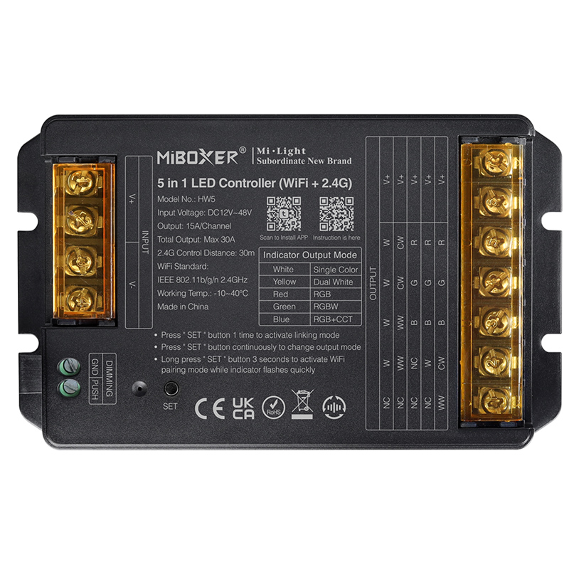 HW5 5-in-1 Group Control (zóna) Smart vezérlő (egyszínű, WW+CW, RGB, RGBW, RGB+CCT) LED szalaghoz, 30A