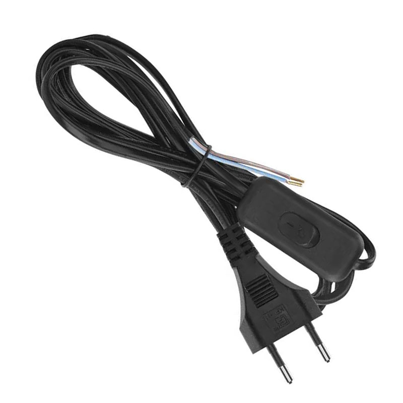 Hálózati csatlakozó, dugvillás kábel (2x0,75 mm2) 2 méter, fekete, PVC szigetelés, Kapcsolós!