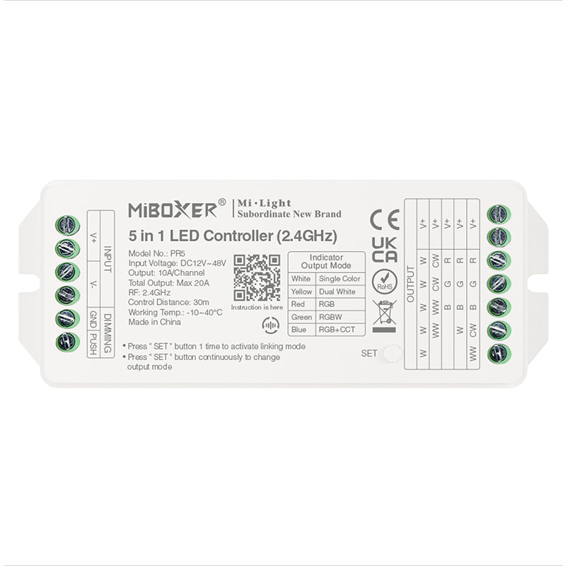 PR5, 5-in-1 távirányítható vezérlő többféle LED szalaghoz (egyszínű, WW+CW, RGB, RGBW, RGB+CCT)