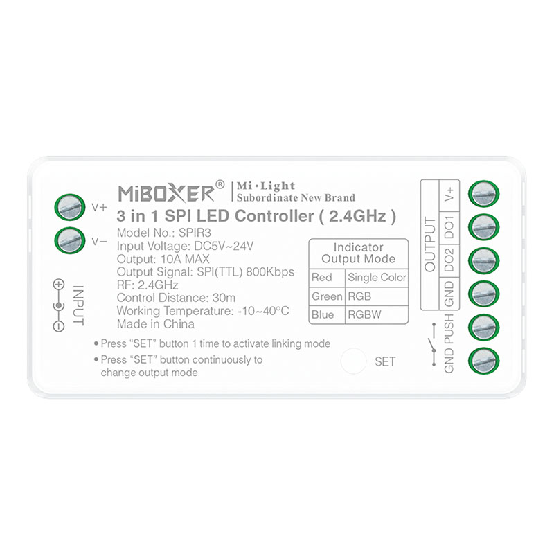 SPIR3, 3-in-1 távirányítható LED szalag vezérlő SPI digitális LED szalaghoz (futófény) (egyszínű, RGB, RGBW)