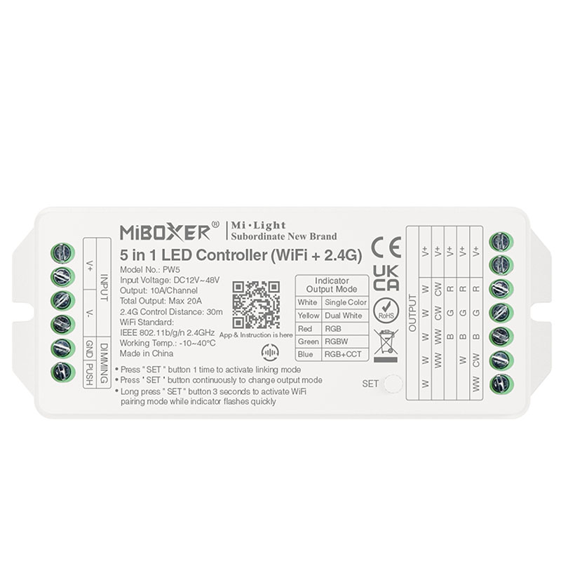 PW5 5-in-1 Group Control csoport (zóna) WiFi Smart vezérlő többféle (egyszínű, WW+CW, RGB, RGBW, RGB+CCT) LED szalaghoz, 20A