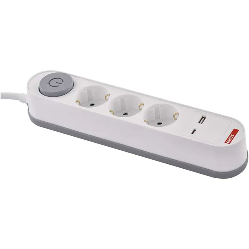 Elosztó 3 aljzattal, 1 USB + 1 USB-C, PD 18W gyorstöltéssel (földelt) hosszabbító, fehér, 2 m vezetékkel, kapcsolóval