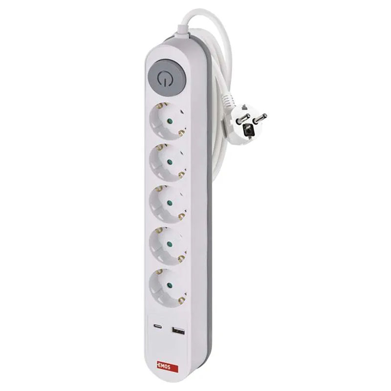 Elosztó 5 aljzattal, 1 USB + 1 USB-C, PD 18W gyorstöltéssel (földelt) hosszabbító, fehér, 3 m vezetékkel, kapcsolóval