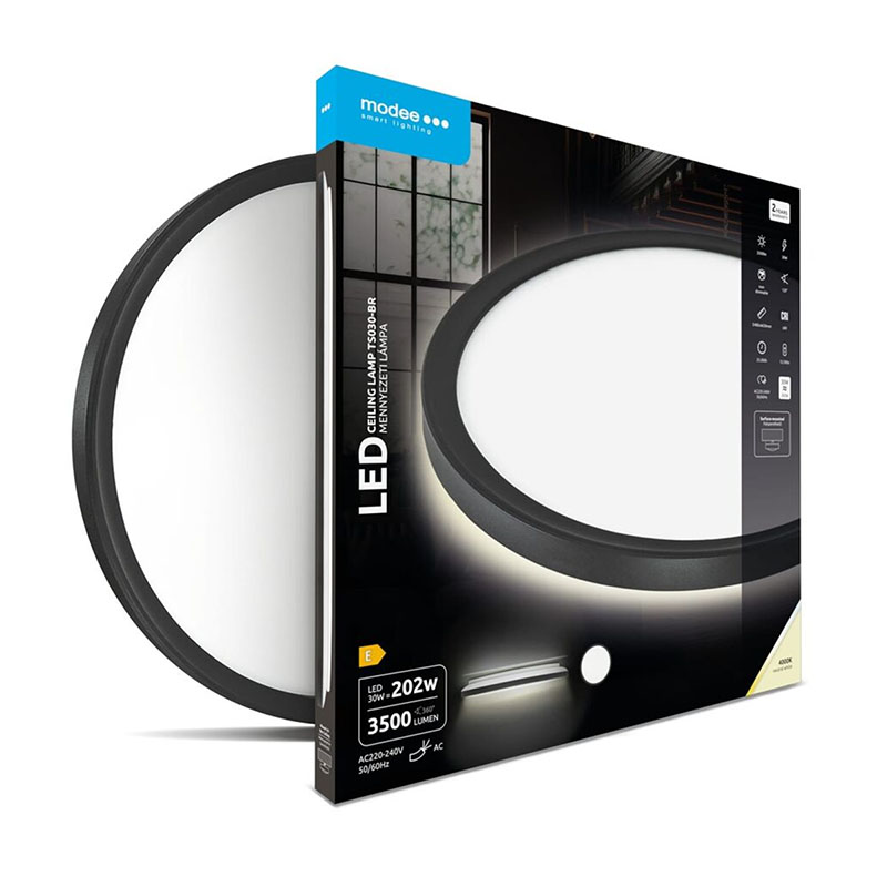 LED mennyezeti lámpa fekete kerettel, dekor háttérfénnyel, kör alakú (30W, 3500 lm, 4000K)