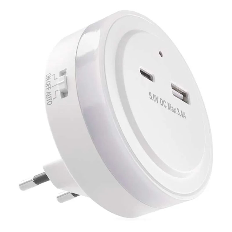 Éjszakai irányfény LED lámpa (kör) fényérzékelővel, USB-A és USB-C csatlakozóval, meleg fehér