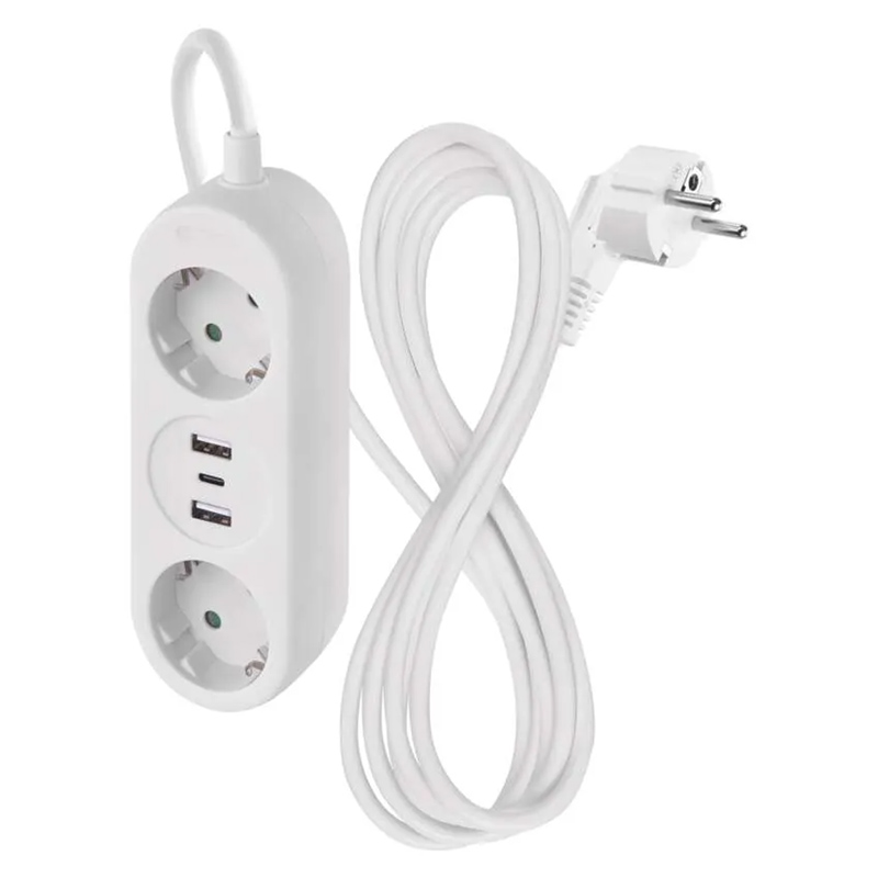 Elosztó 2-es (2 földelt), 2 USB-A + 1 USB-C, fehér hosszabbító 1,4 méter vezetékkel