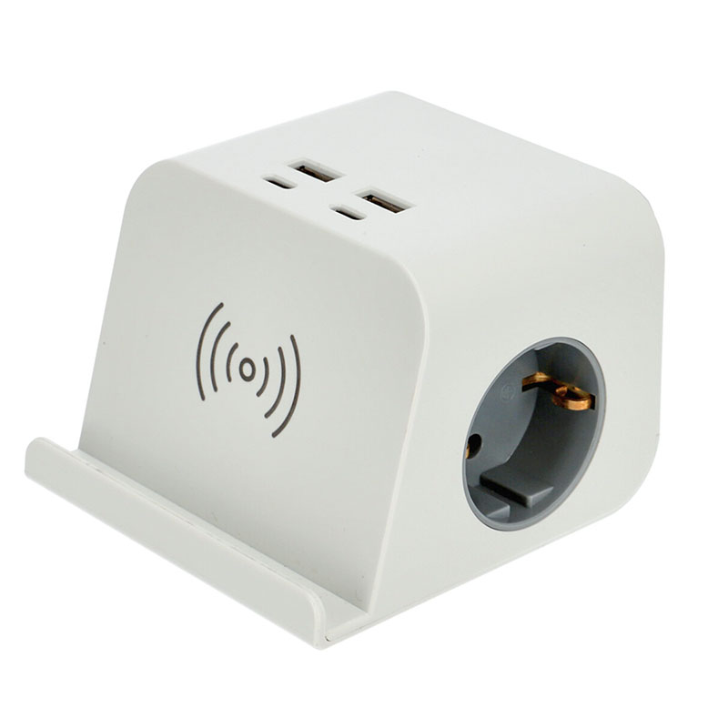 Asztalra rögzíthető kocka elosztó 2 darab aljzattal, 2 USB-A + 2 USB-C, vezetéknélküli telefon töltővel, 1.4 m vezetékkel