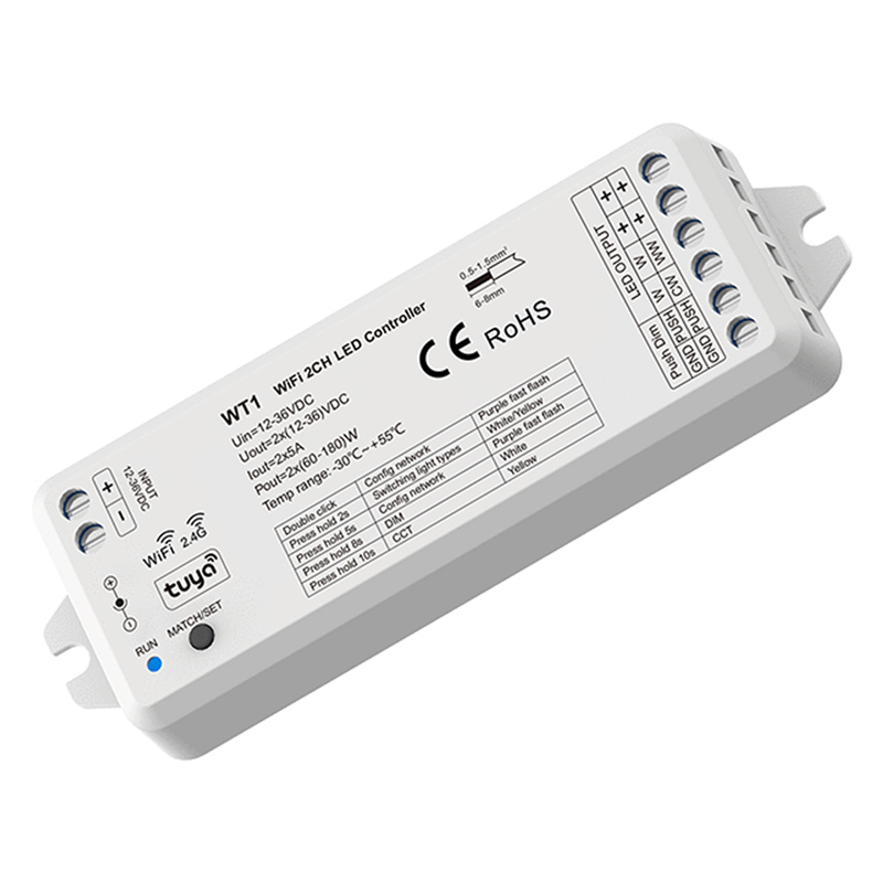 SkyDance WT1, 2-in-1 Smart fényerőszabályzó és színhőmérséklet vezérlő (12-36V - 5A/csatorna) Wi-Fi, 2 csatornás