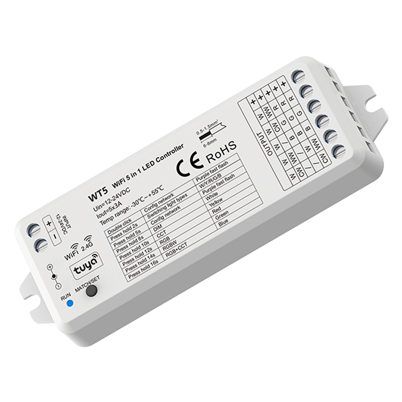 SkyDance WT5, 5-in-1 Smart vezérlő többféle (egyszínű, WW+CW, RGB, RGBW, RGB+CCT) LED szalaghoz (12-24V) Wi-Fi