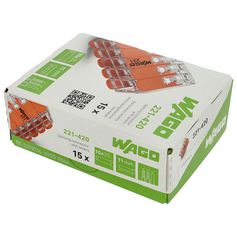 221 Wago új karos (csatos) vezeték összekötő, 10 x 4 mm² vezeték nyílásos, átlátszó (15 db)