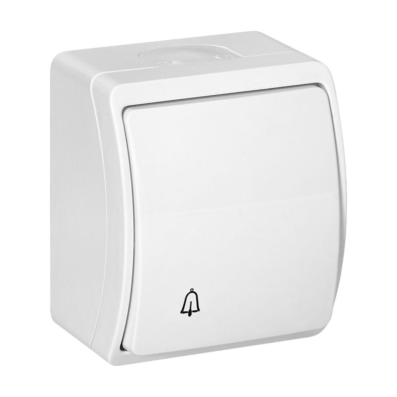 Nyomógomb, csengőjellel, falon kívüli (10A/230V), IP44, fehér