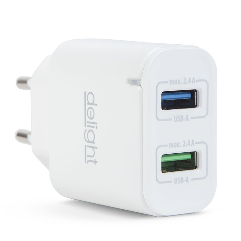 USB töltő, hálózati adapter  2 x USB A (5V/2.4A) - Fehér