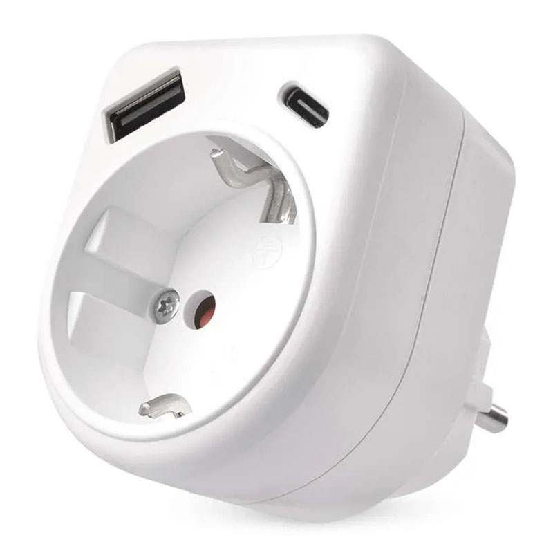 Fali elosztó 1-es + 1 USB + 1 USB-C, fehér