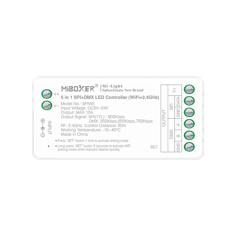 SPIW5 5-in-1 LED szalag vezérlő, SPI/DMX, WIFI SMART+2.4G vezérlő (RGB, RGBW, RGB+CCT LED szalaghoz)