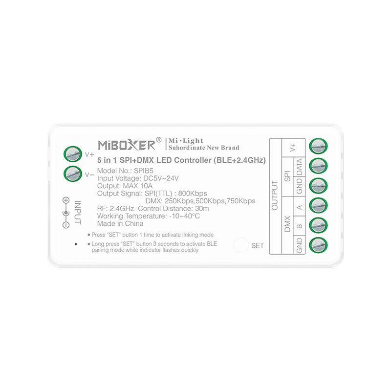SPIB5 5-in-1 LED szalag vezérlő, SPI/DMX, Bluetooth+2.4G vezérlő (RGB, RGBW, RGB+CCT LED szalaghoz)