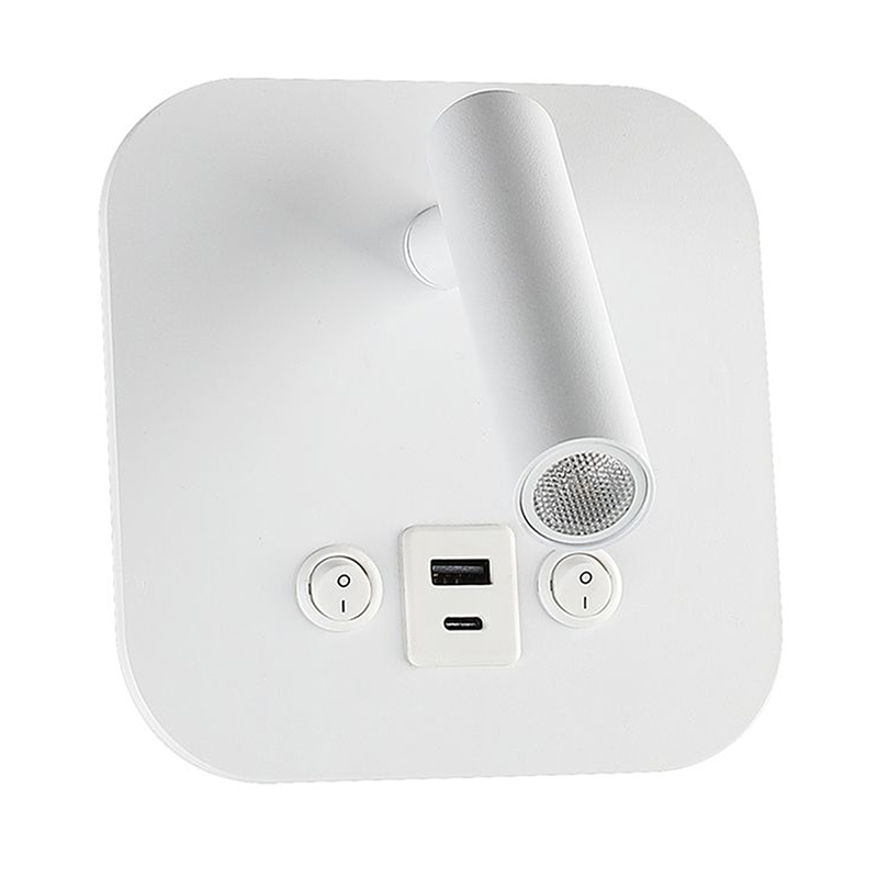 Oldalfali LED olvasólámpa (8W - 3000K) négyzet alakú, fehér, kapcsolóval, CREE LED, USB töltővel