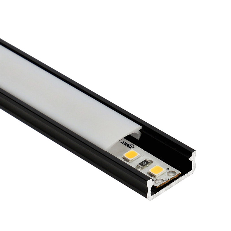 Type-D Fekete - Alumínium U profil LED szalagos világításhoz 16x6 mm (Opál PMMA búrával)