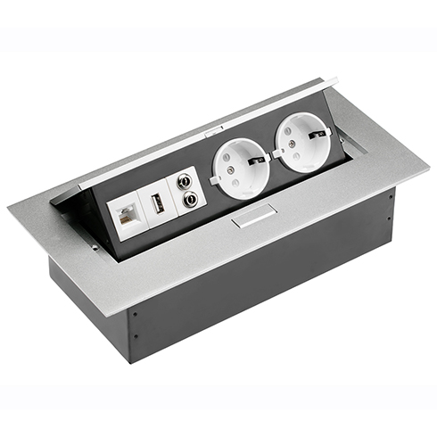 Süllyeszthető rejtett elosztó, négyzet (2-es, USB, Cat5E, audio) alu