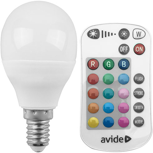 LED lámpa E14 (5.5W/240°) Kisgömb - RGB+WW+IR távirányítható