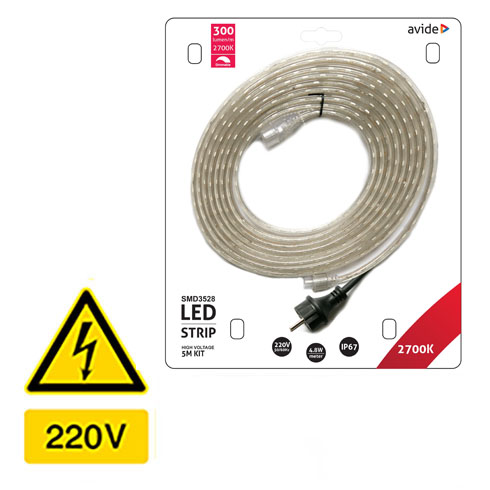 220V LED szalag szett: 5 méter melegfehér szalag, vízálló IP67 védett csőben, kültéri dekorációhoz