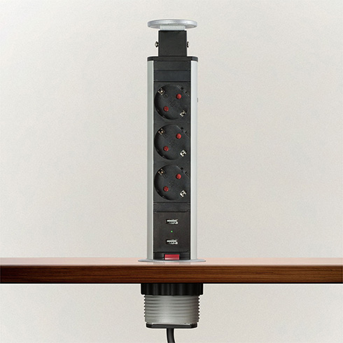 Rejtett elosztó bútorlapba építhető, kör alakú (3-as+2 USB) króm
