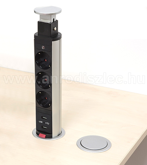 Rejtett elosztó bútorlapba építhető, kör alakú (3-as+2 USB port), ezüst