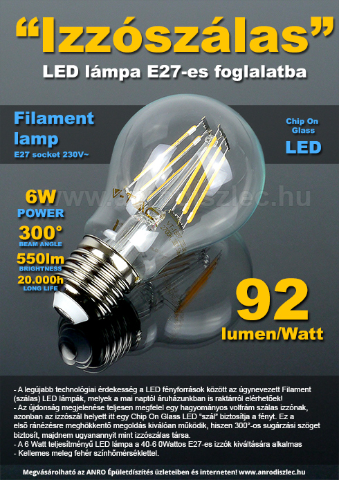LED lámpa E27 (6W/300°) izzószálas, üveg, meleg COG (2 db)