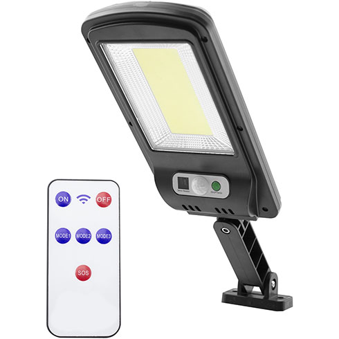 Napelemes kültéri oldalfali LED lámpa (5W/500Lumen) hideg fehér, IR távirányítóval