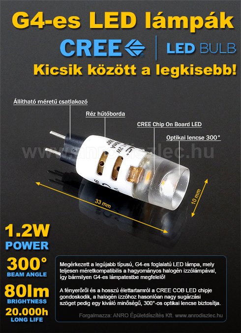 LED lámpa G4 (Cree/1.2W/300°) meleg fehér (3 db)