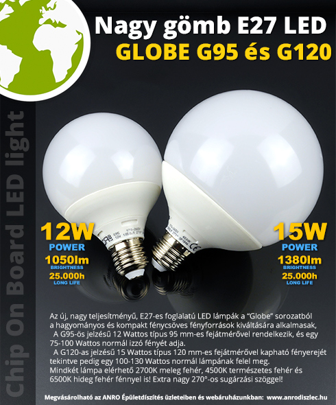 LED lámpa E27 (15W/270°) G120 - hideg fehér, UTOLSÓK!