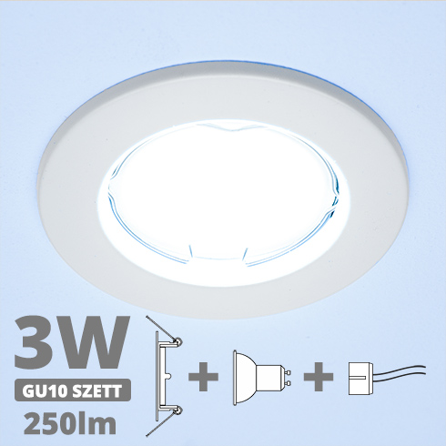 LED szpot szett: fehér keret + 3 Wattos, hideg fehér GU10 LED lámpa + GU10 csatlakozó (kettesével rendelhető)