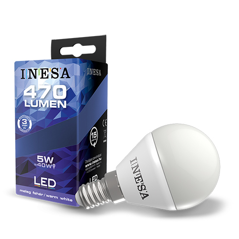 E14 LED lámpa (5W/160°) Kisgömb - meleg fehér