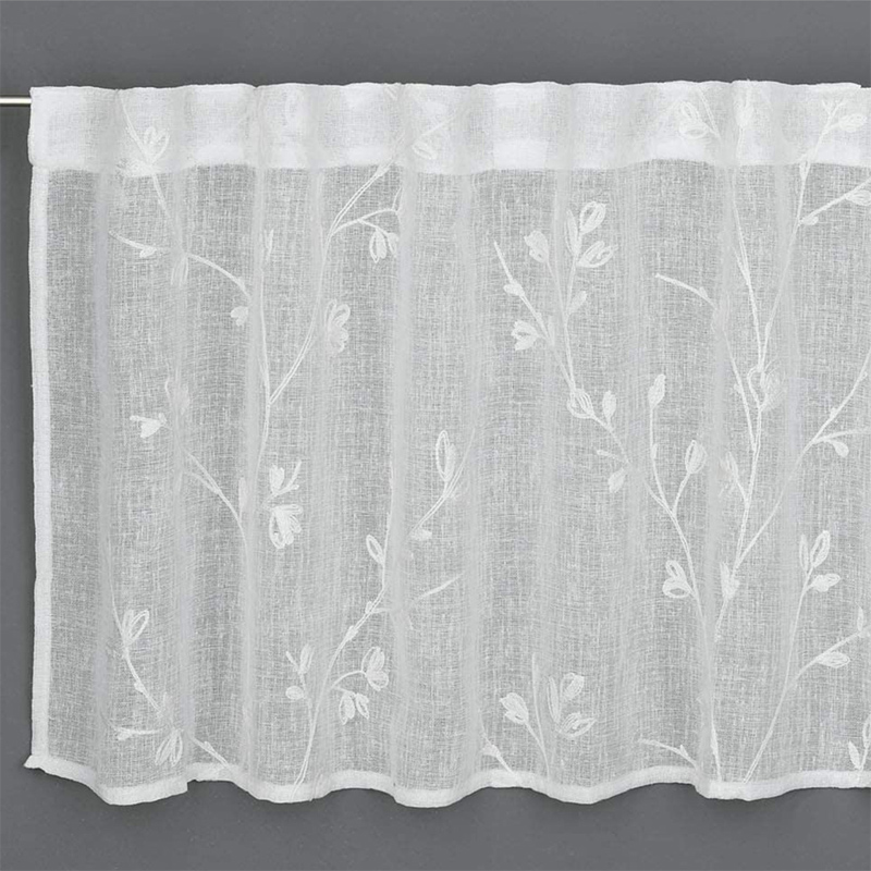 Készfüggöny - Vitrázsfüggöny, fehér, hímzett virág mintás (140x45 cm)