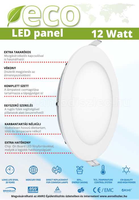 ECO LED panel (kör alakú) 12W - hideg fehér (2 db)