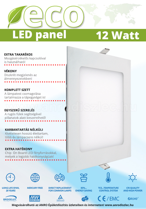 ECO LED panel (négyzet alakú) 12W - hideg fehér