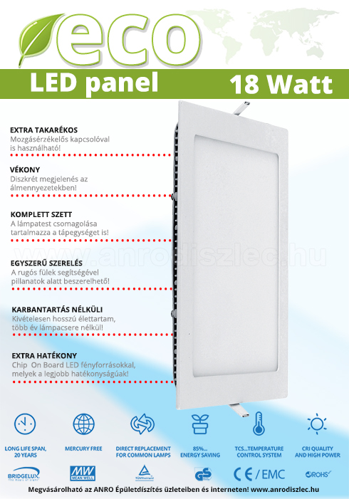 ECO LED panel (négyzet alakú) 18W - természetes fehér