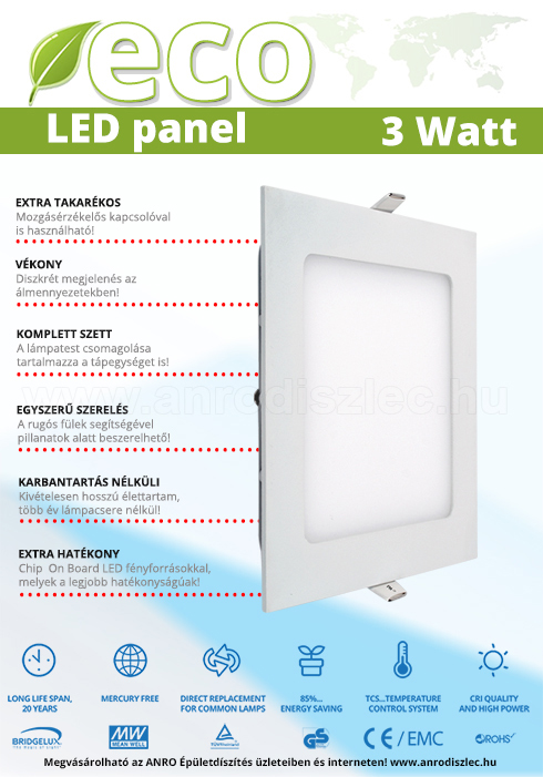 ECO LED panel (négyzet alakú) 3W - hideg fehér