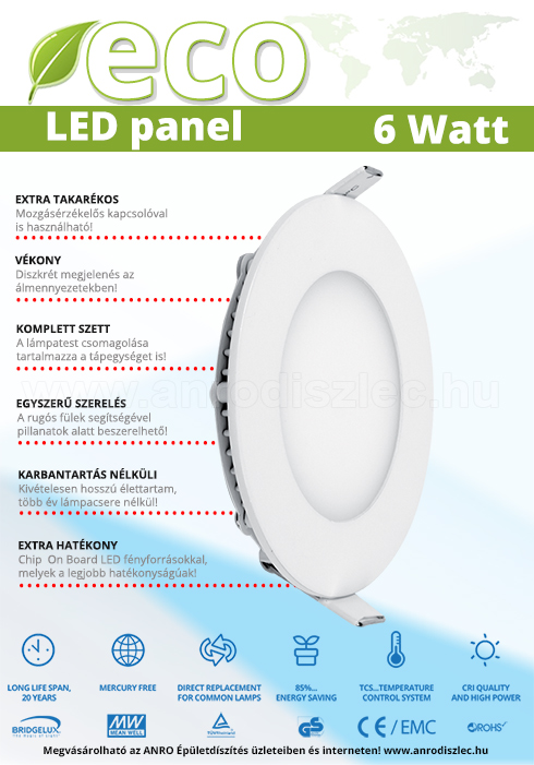 ECO LED panel (kör alakú) 6W - hideg fehér