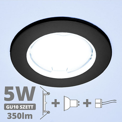 LED szpot szett: fekete keret + 4.5 Wattos, hideg fehér GU10 LED lámpa + GU10 csatlakozó