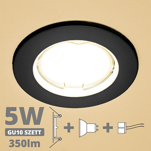 LED szpot szett: fekete keret + 5 Wattos, meleg fehér GU10 LED lámpa + GU10 csatlakozó