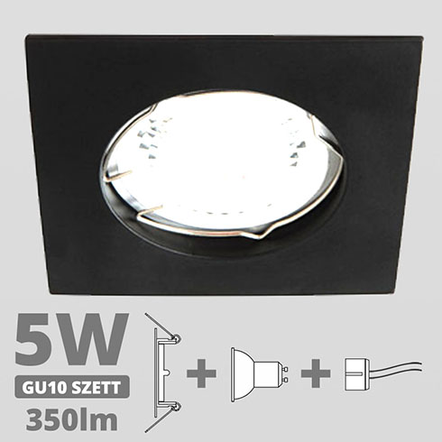 LED szpot szett: fekete keret, négyzet + 5 Wattos, természetes fehér GU10 LED lámpa + GU10 csatlakozó