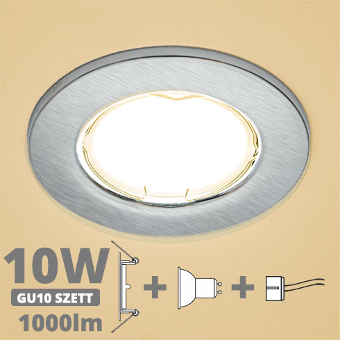 LED szpot szett: mattkróm keret + 9.5 Wattos, meleg fehér GU10 LED lámpa + GU10 csatlakozó (kettesével rendelhető)