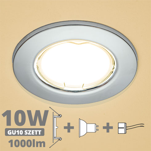 LED szpot szett: króm keret + 9.5 Wattos, meleg fehér GU10 LED lámpa + GU10 csatlakozó (kettesével rendelhető)