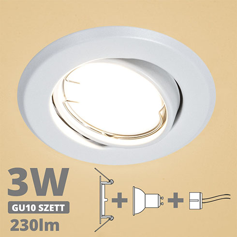 LED szpot szett: fehér bill. keret + 3 Wattos, meleg fehér GU10 LED lámpa + GU10 csatlakozó (kettesével rendelhető)