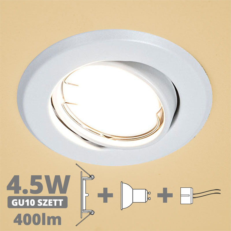 LED szpot szett: fehér bill. keret + 4.5 Wattos, meleg fehér GU10 LED lámpa + GU10 csatlakozó (kettesével rendelhető)
