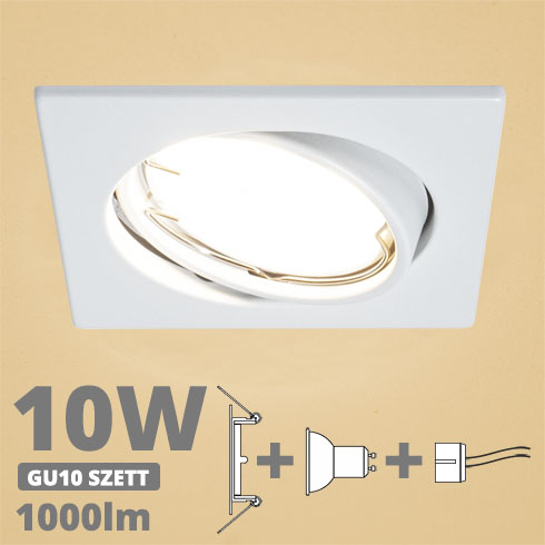 LED szpot szett: fehér bill. keret, négyzet + 10 Wattos, meleg fehér GU10 LED lámpa + GU10 csatlakozó