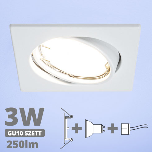 LED szpot szett: fehér bill. keret, négyzet + 3 Wattos, hideg fehér GU10 LED lámpa + GU10 csatlakozó (kettesével rendelhető)