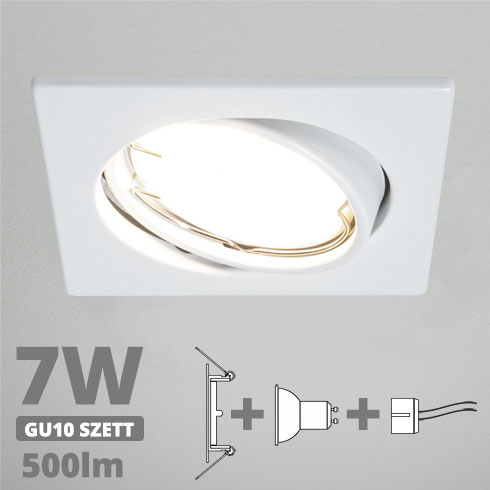 LED szpot szett: fehér bill. keret, négyzet + 7 Wattos, term. fehér GU10 LED lámpa + GU10 csatlakozó (kettesével rendelhető)