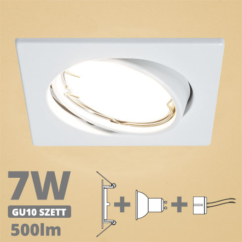 LED szpot szett: fehér bill. keret, négyzet + 7 Wattos, meleg fehér GU10 LED lámpa + GU10 csatlakozó (kettesével rendelhető)